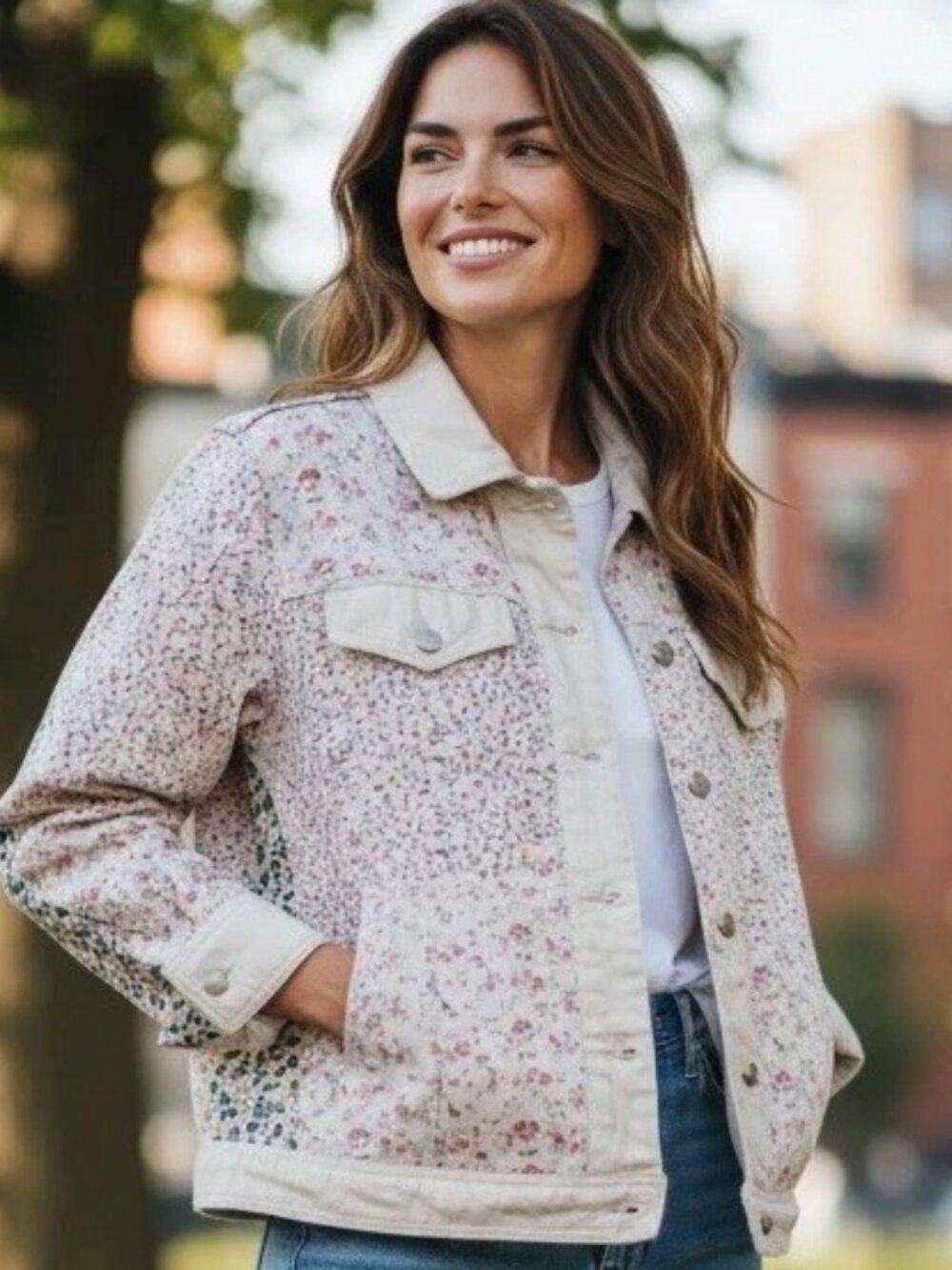 Blank NYC Denim Patchwork Floral Womens Jean Trucker Jacket Size Small